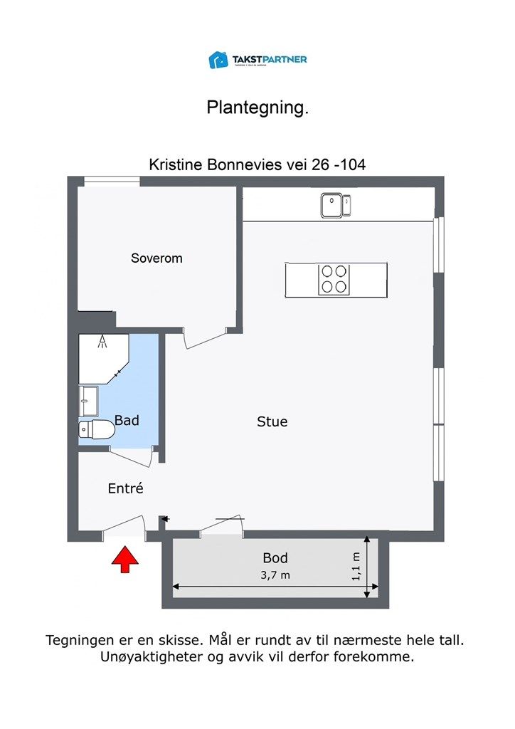 Alternativ plantegning med åpen stue- kjøkkenløsning
