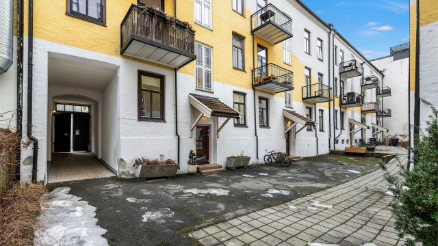 Adkomst til leiligheten via felles, avlåst portrom og oppgang fra bakgården.