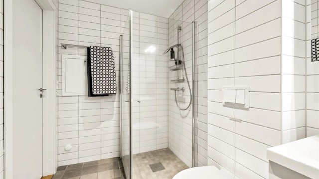 Her er det et praktisk dusjhjørne med innfellbare dører og opplegg for vaskemaskin.