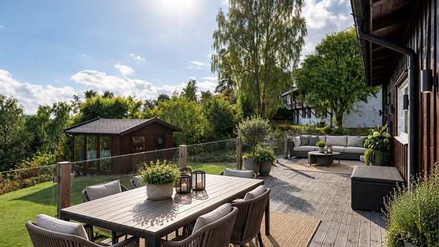 Det er terrasse på begge sider av eiendommen på tilsammen 77 kvm. Digital styling til illustrasjon