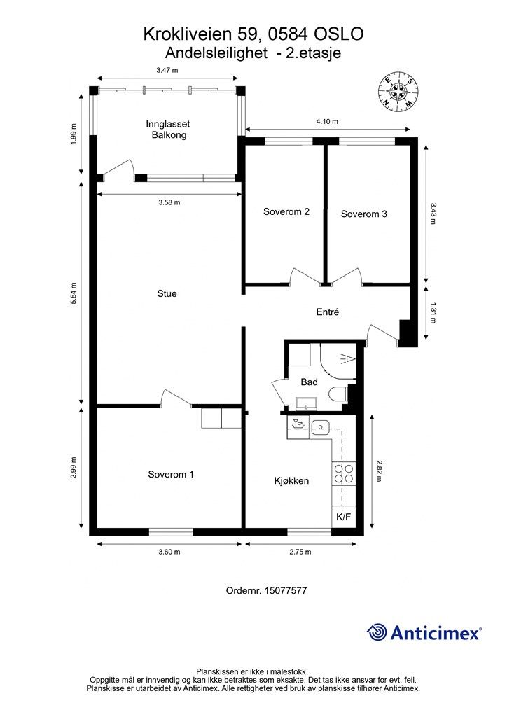 Alternativ (original) plantegning med tre soverom