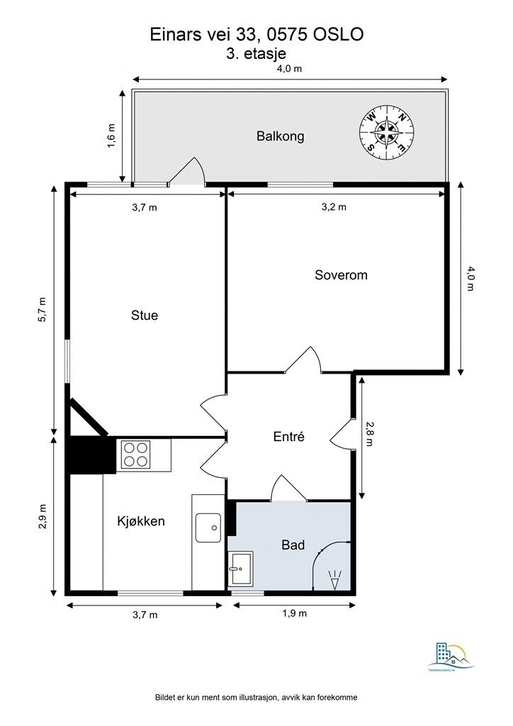 Planløsningen er arealeffektiv og fordeler 57 m² på entré, stue, kjøkken, bad og soverom.