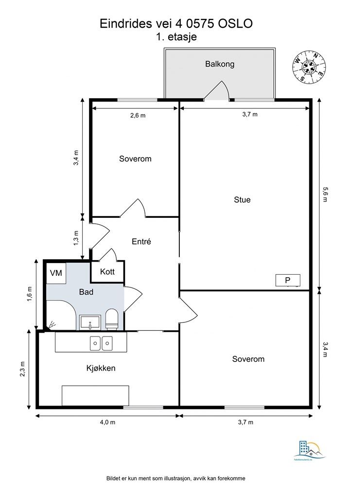 Boligen inneholder entré, stue, kjøkken, to soverom og bad.