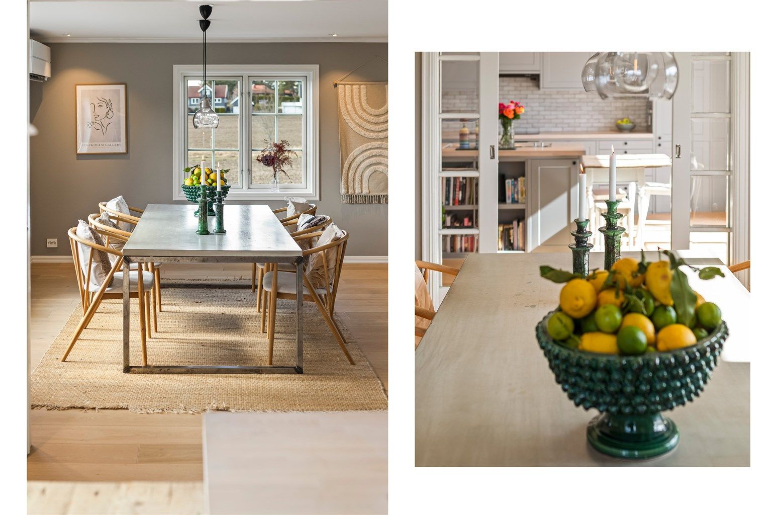 Detaljer fra spisestuen, som har en åpen og luftig atmosfære.