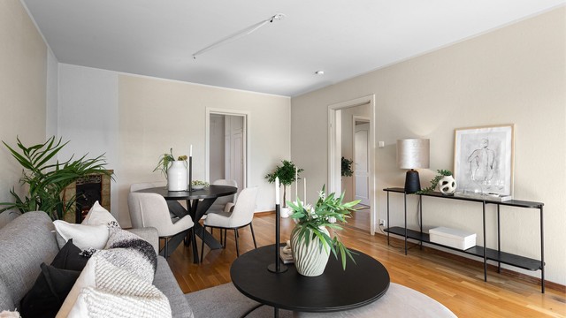 Gulv i stuen belagt med parkett