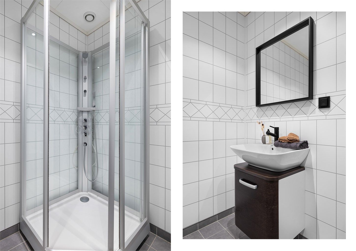 Dusjkabinett og servant med underskap