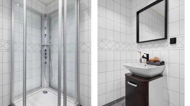 Dusjkabinett og servant med underskap