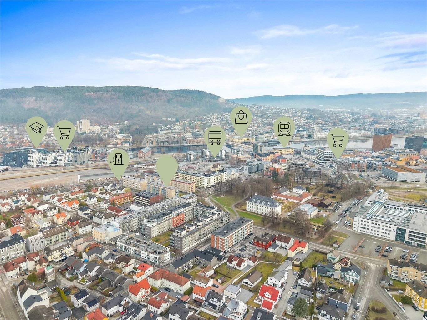 Herfra når du enkelt alt Drammen har å by på, fra shopping og transport til parker og kulturtilbud. 
Foto: Tor Harald Johannessen