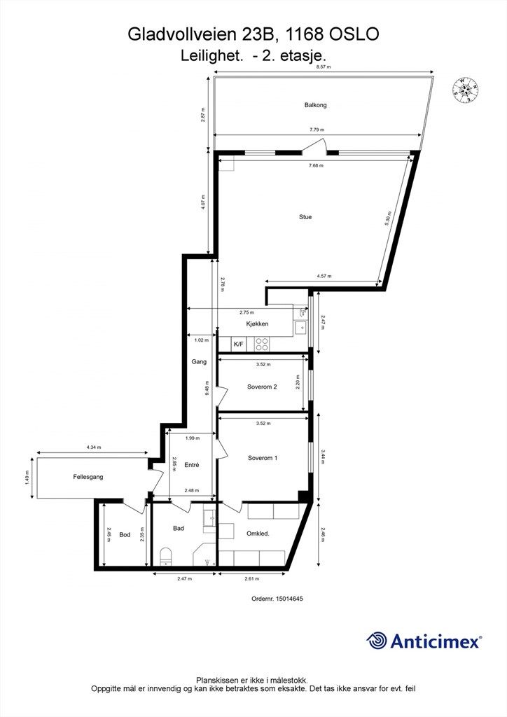 Leiligheten har en gjennomtenkt planløsning på 94 m² med en åpen stue- og kjøkkenløsning, to soverom og bad.
