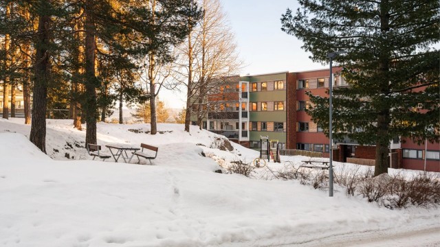 Eiendommen ligger i et rolig og etablert boligområde med store, åpne grøntområder.