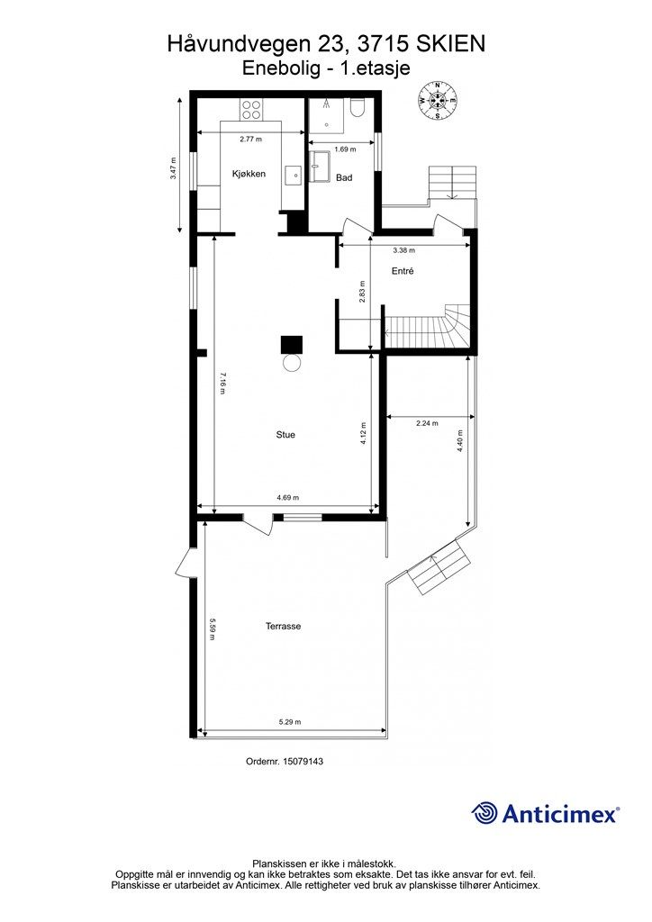 Plantegning 1.etasje. Det foreligger ikke godkjente byggetegninger på boligen. Benevnelsen av rom i er derfor basert på dagens bruk, og bruk til varig opphold er derfor ukjent. Kontakt megler for ytterligere informasjon. 
