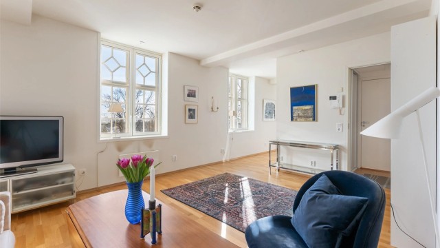 Store, klassiske vinduer fra 2013 slipper inn rikelig med dagslys.