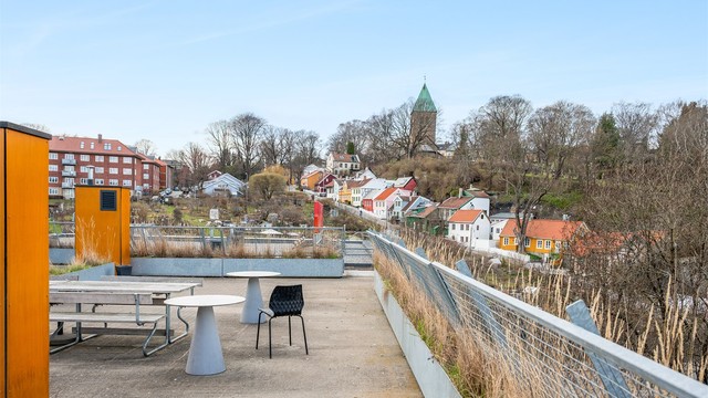 Fra takterrassen kan du nyte utsikten mot den historiske trehusbebyggelsen på Telthusbakken.