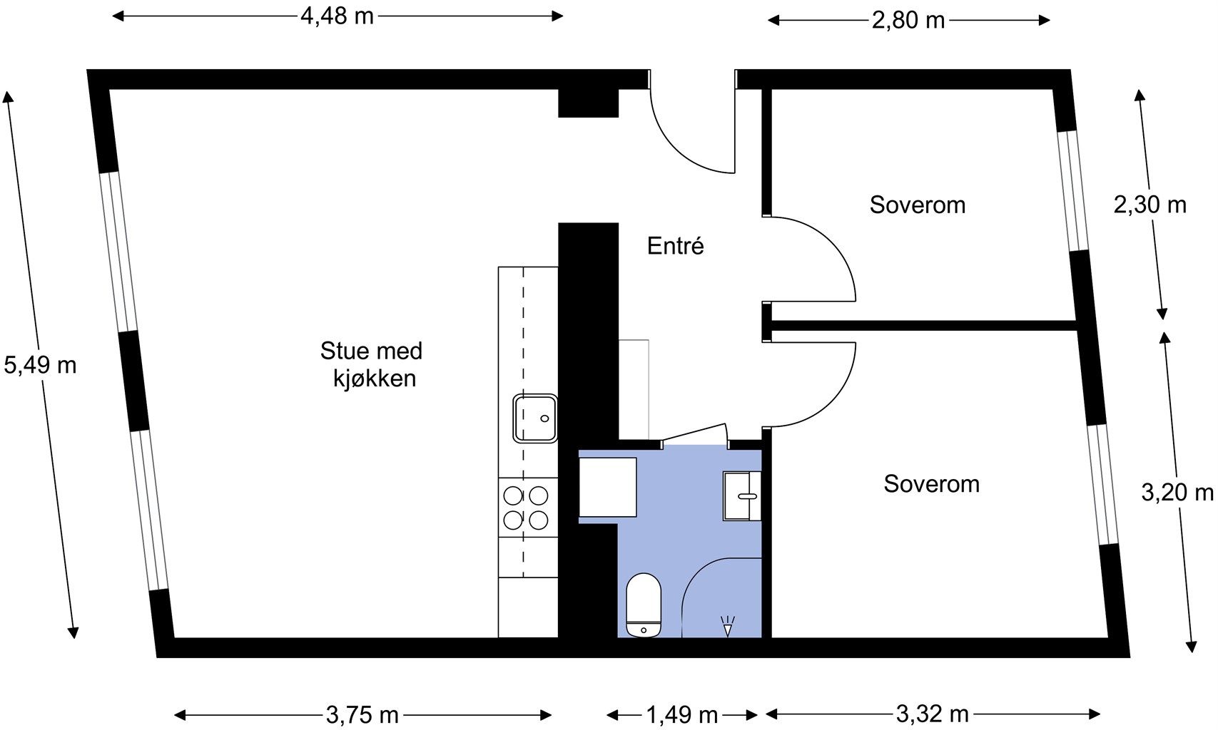 En godt utnyttet planløsning med soverom og den sosiale sonen lagt til hver sin side av leiligheten.