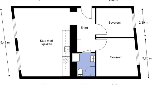 En godt utnyttet planløsning med soverom og den sosiale sonen lagt til hver sin side av leiligheten.