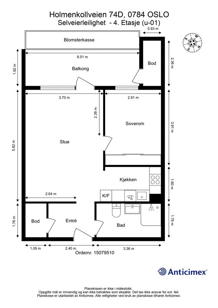 Leiligheten har en arealeffektiv planløsning på 54 m² som rommer entré, bad, soverom og stue med åpen kjøkkenløsning.
