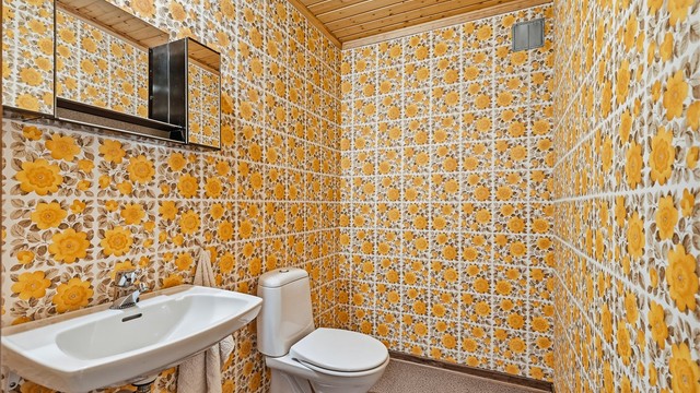 Planløsningen byr et gjestetoalett i underetasjen og et bad i hovedetasjen.