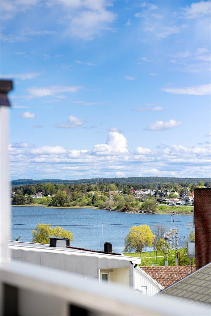 Utsikt over Glengshølen i retning Opsund og skogene rundt Skinterfjell i bakgrunnen- fremhevet med zoom.