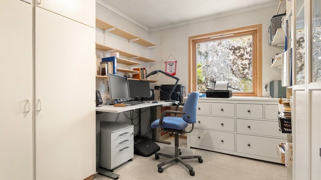 Boligens tredje soverom, i dag benyttet som kontor, har godt med garderobeplass.