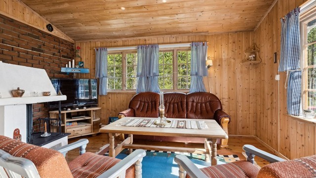 Varm og innbydende stue med vedovn.