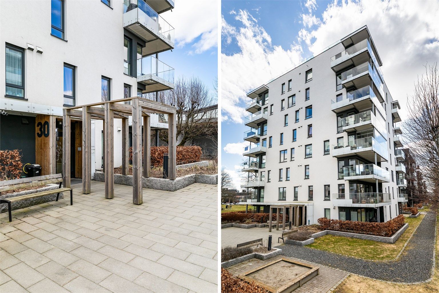 Velstelte fellesarealer med parkmessig preg omgir sameiets høyhus.