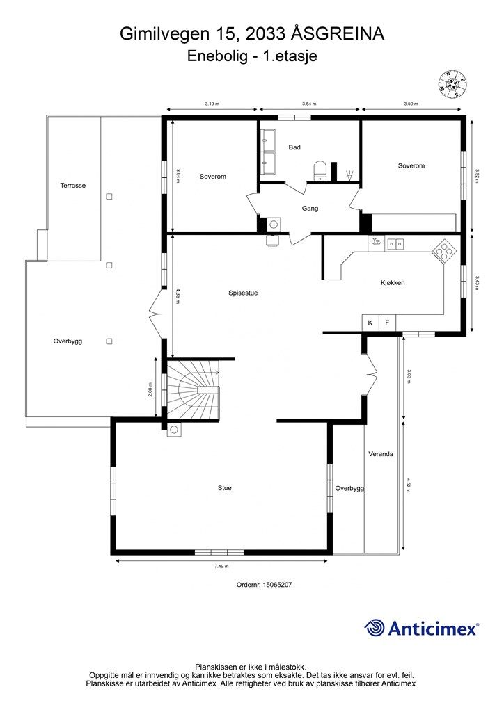Plantegning 1. etasje med innvendige mål og himmelretning. 