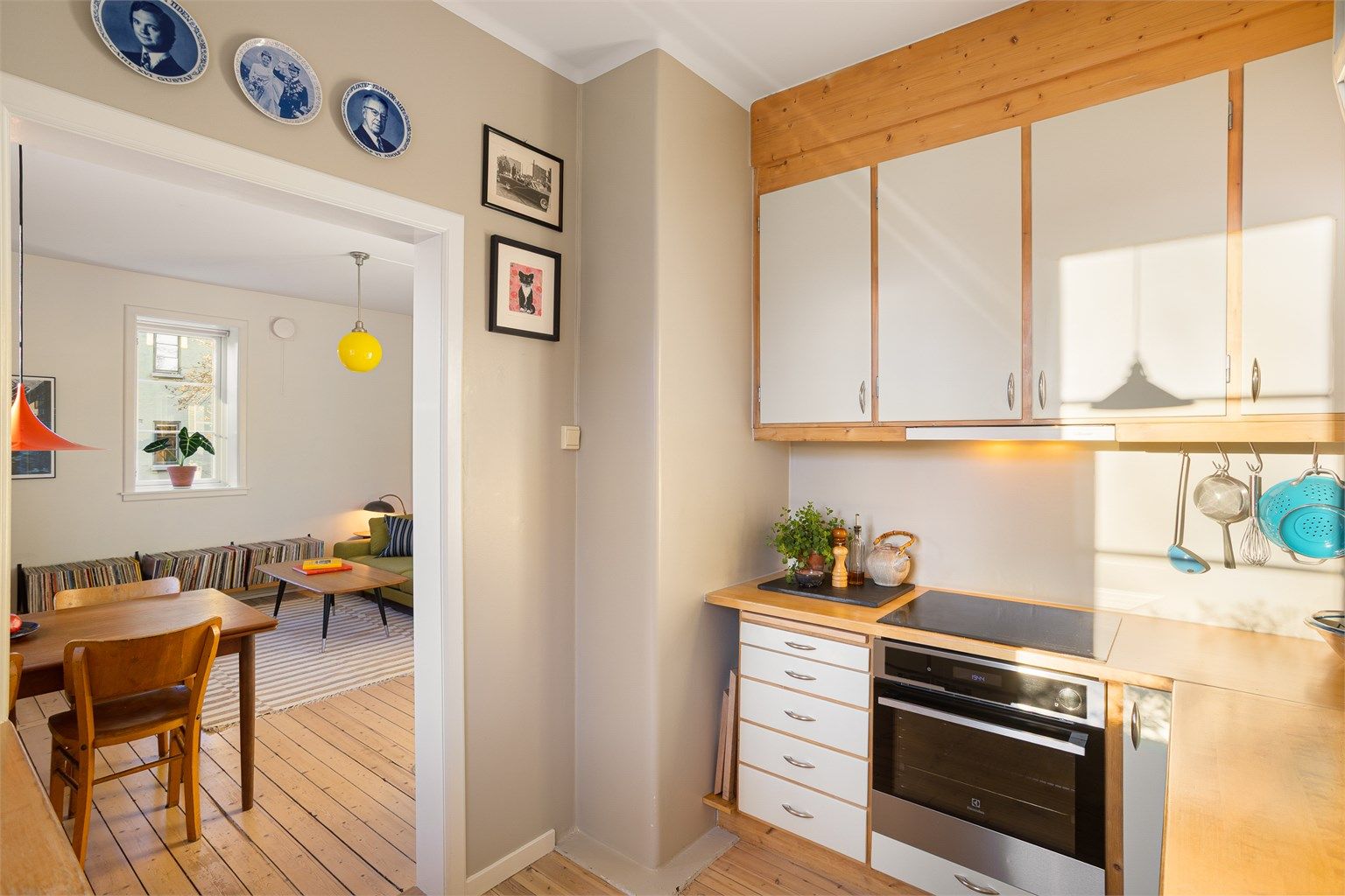 Kjøkkenet er utstyrt med platetopp nedfelt i benkeplaten, stekeovn, oppvaskmaskin, samt kjøleskap og fryser under benken