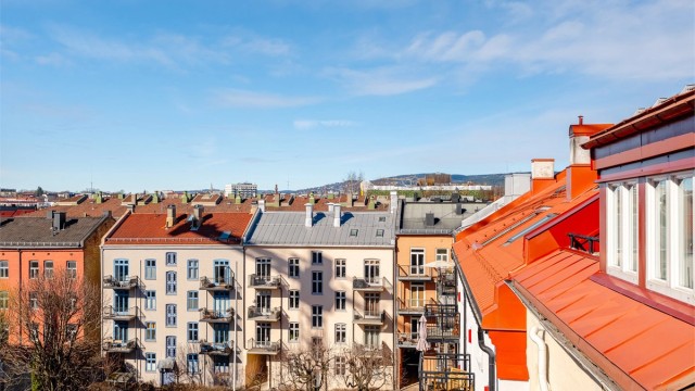 Herlig utsyn fra felles takterrasse.