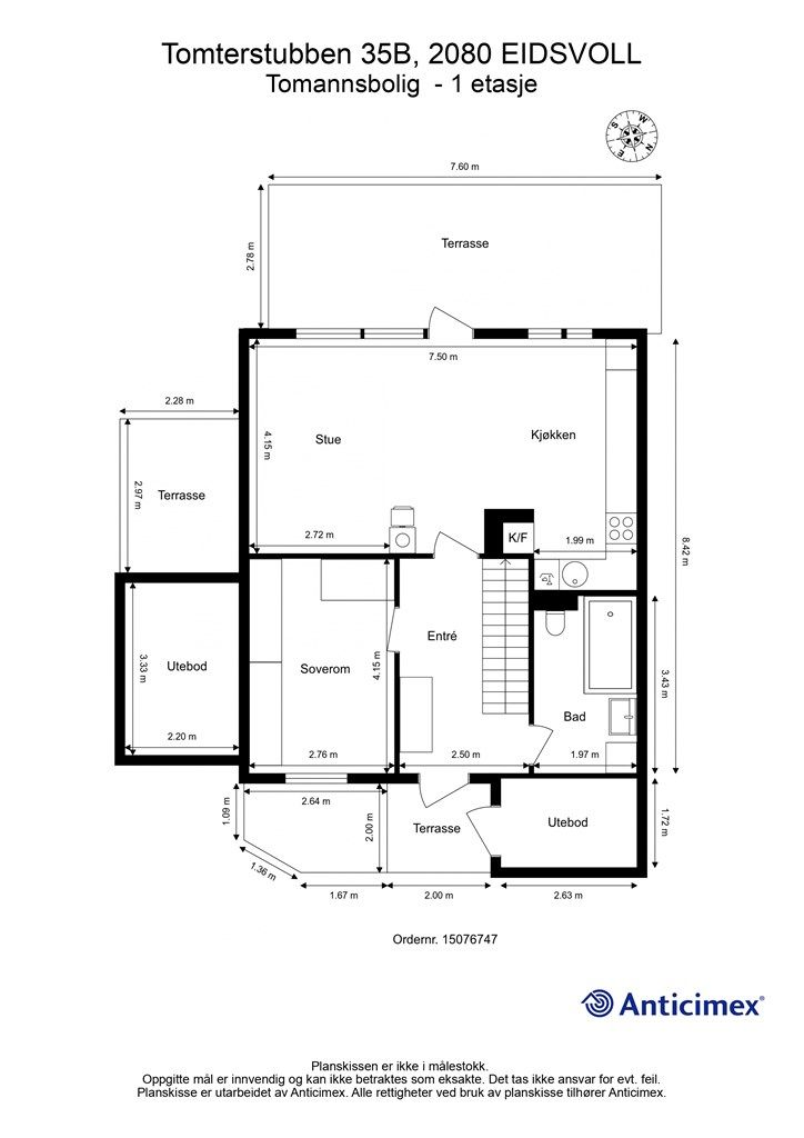 Plantegning med innvendige mål og himmelretning. 