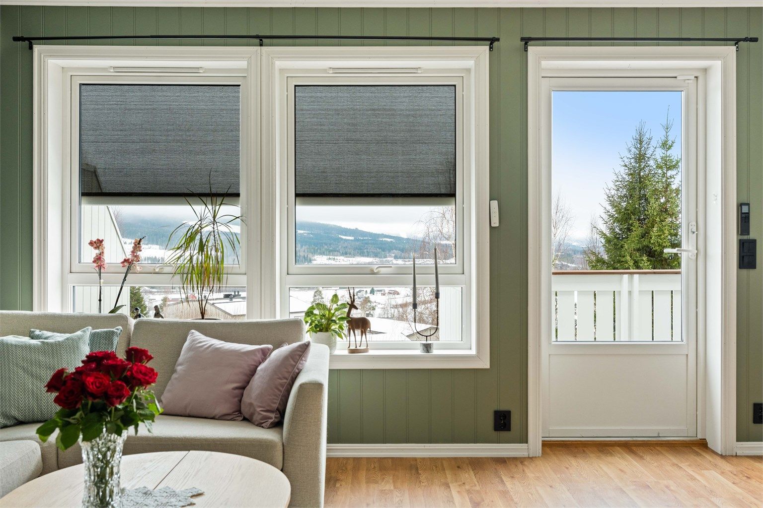 Screens er montert på stuevinduer. 