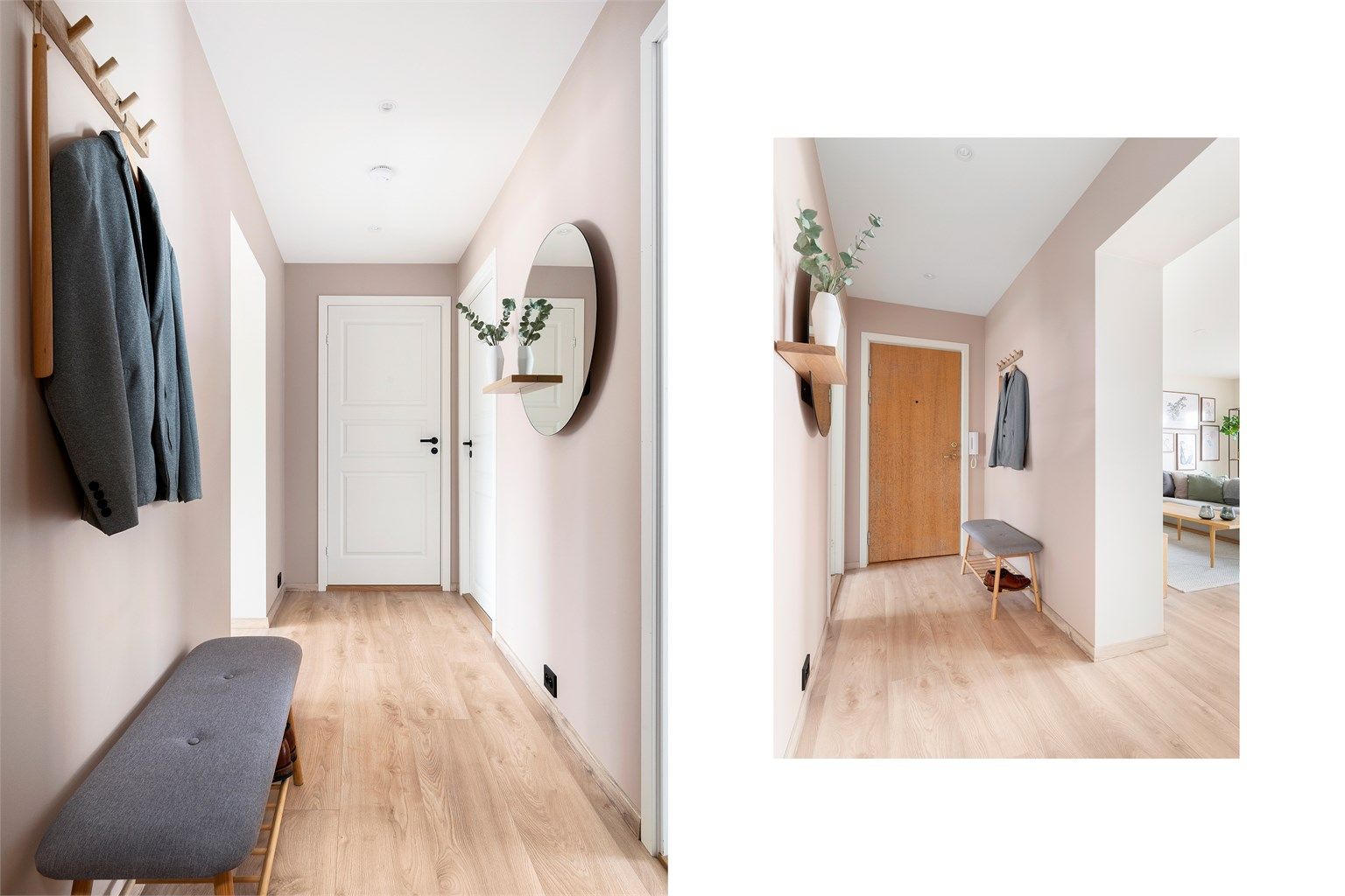 Velkommen inn! Lys og trivelig inngangsparti med et behagelig fargevalg. Legg merke til downlights i himling