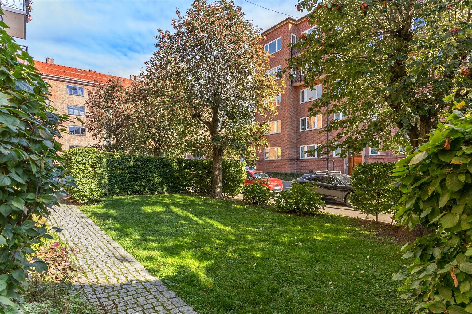 Den felles, opparbeidede tomten med grønn plen, hekk og beplantning er en frodig og fredelig oase midt i byen.