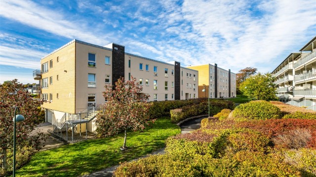 Parkmessige og velstelte fellesarealer omgir leilighetsbyggene på Glassverket.