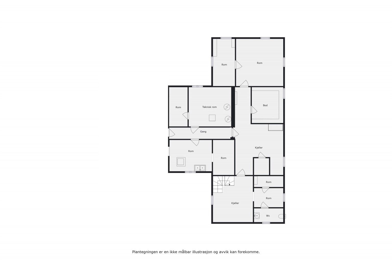 U.etasje - Plantegning. Området til venstre hvor man finner smal gang, 3 rom og teknisk rom deles mellom utleier og leietaker. 
