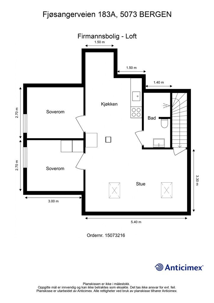 Plantegning loft etasje. Soverommene er godkjent fra kommunen, mens resten ikke er søkt om og derfor ikke lovlig innredet. 