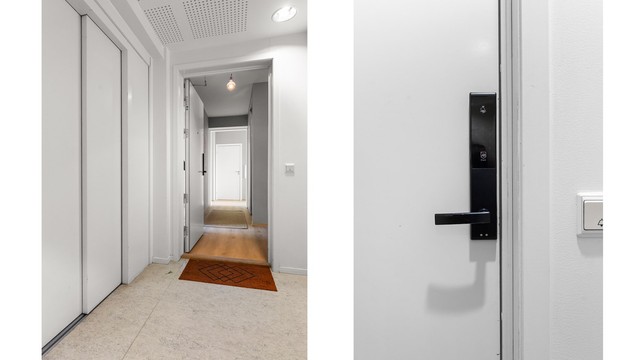 Leiligheten ligger i 6. etasje med heisadkomst, og har entrédør med elektronisk kodelås.
