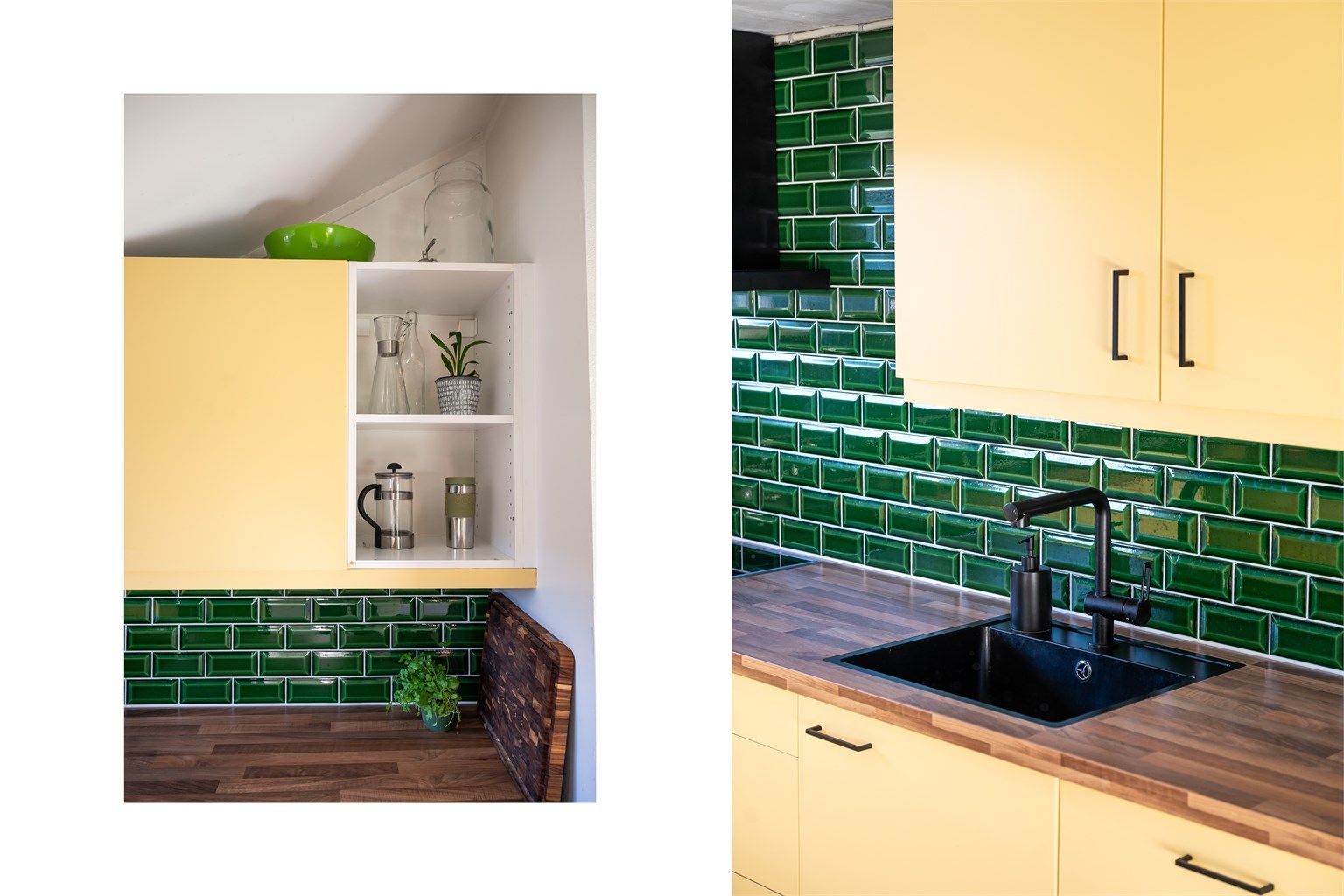 Nydelige fliser i en stilig grønnfarge mellom kjøkkenbenk og overskap.