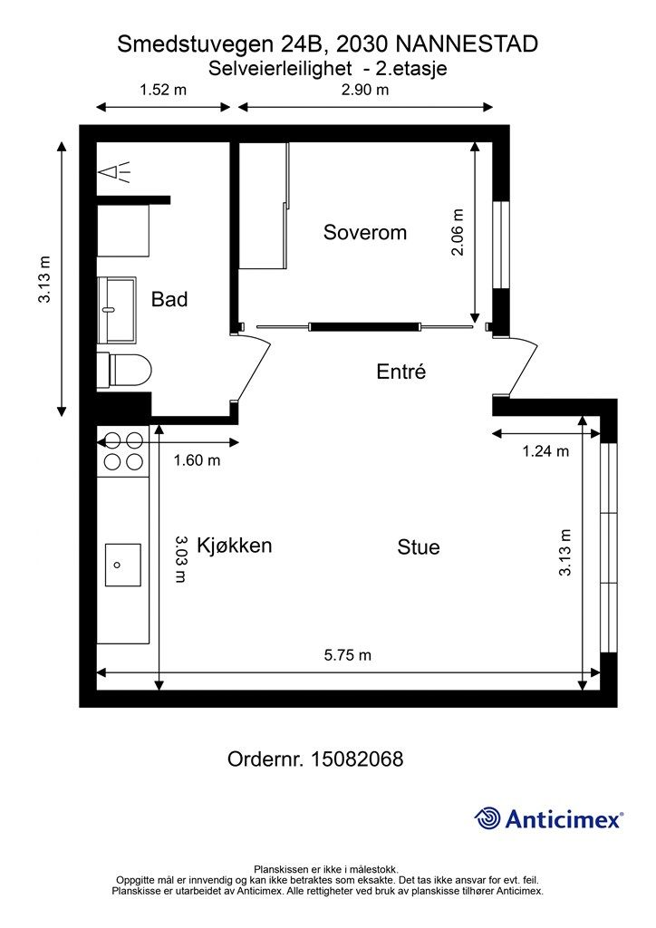 Effektiv planløsning på 33 m² som omfatter entré, bad, soverom og stue med åpen kjøkkenløsning.