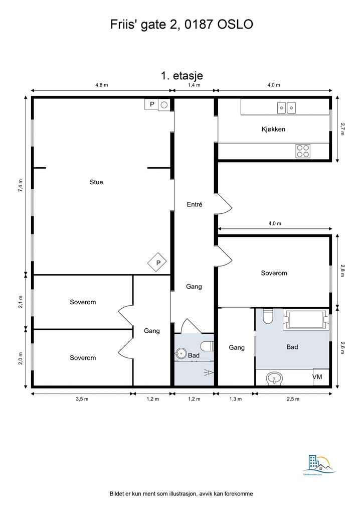 Planløsningen fordeler seg over 116 m² og inkluderer tre soverom, to bad, stue og kjøkken.