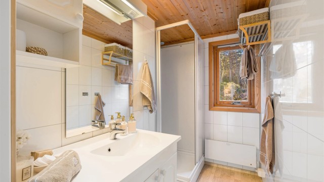 Videre har badet dusjkabinett. Hytta har innlagt vann, strøm og septiktank.