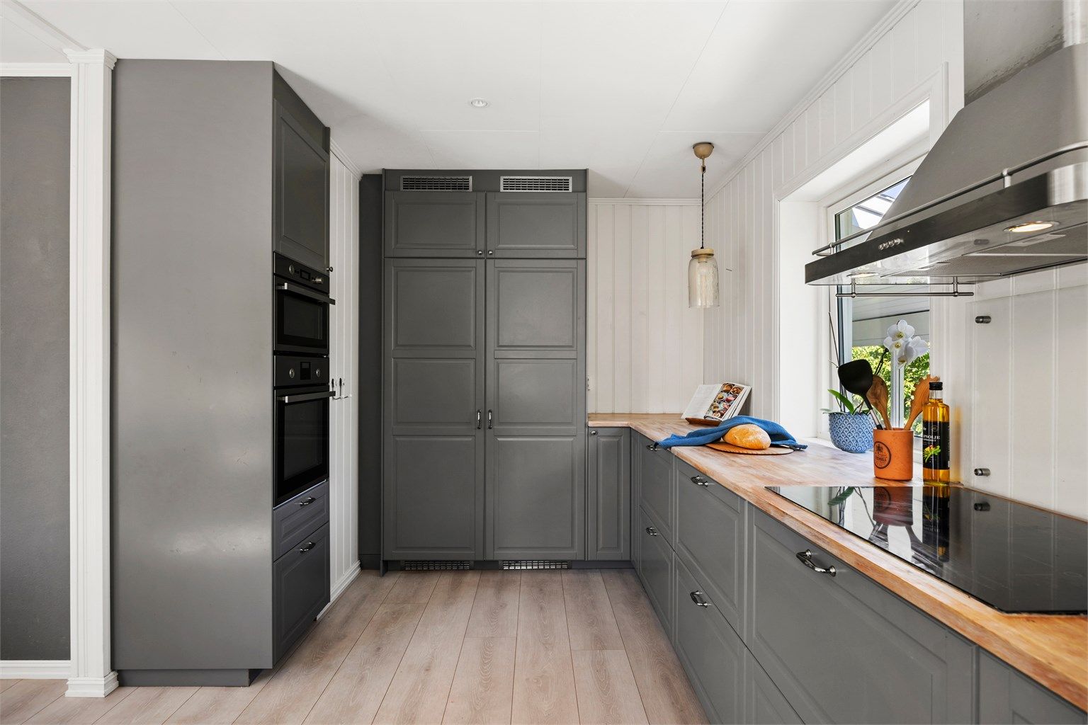 Integrerte hvitevarer og spruteplate over ekstra bred platetopp