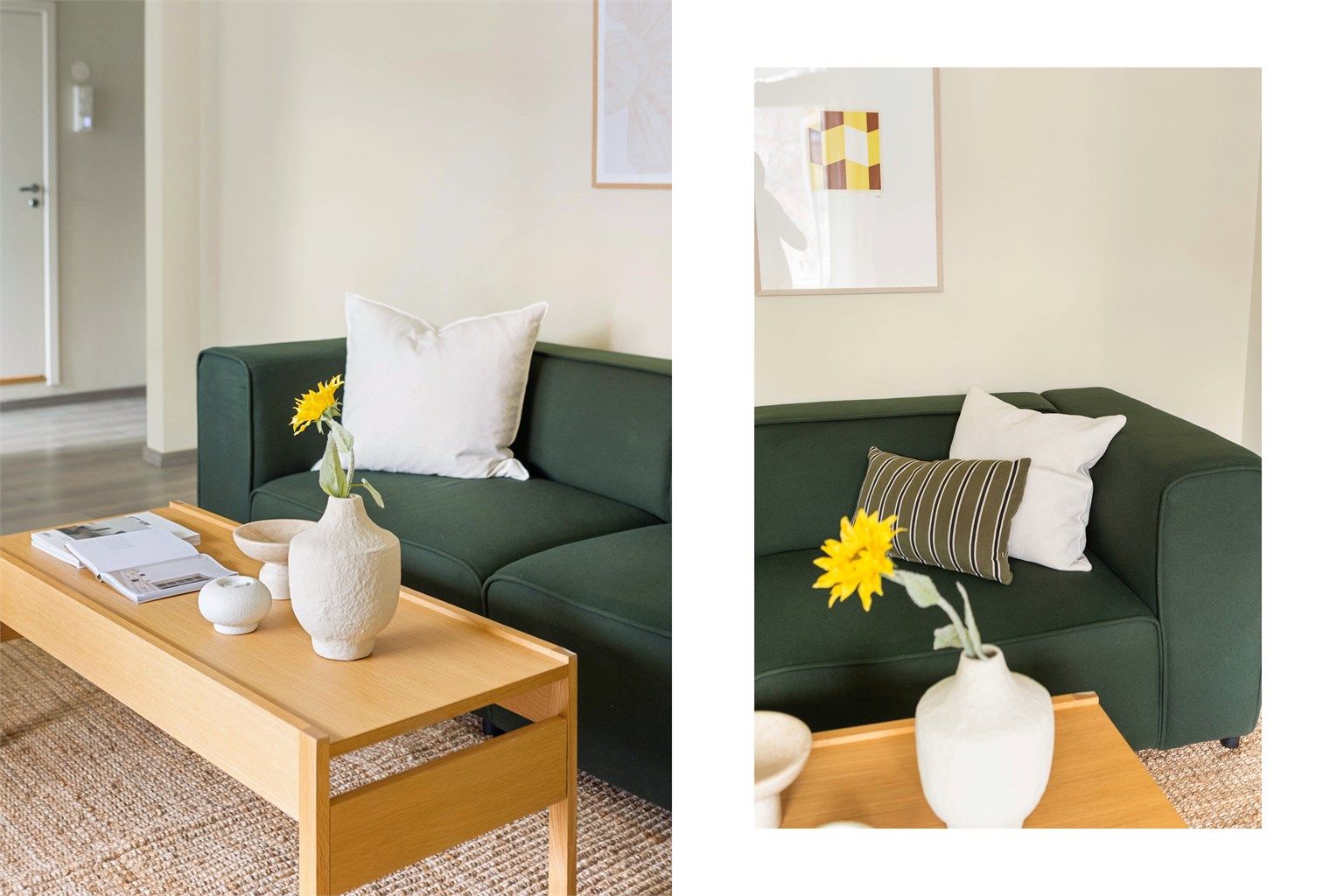 Gjennomgående laminatgulv og harmoniske fargevalg binder rommene sammen og skaper en helhetlig atmosfære.