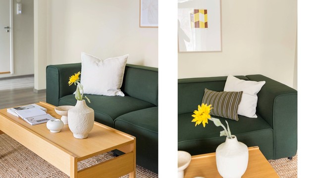 Gjennomgående laminatgulv og harmoniske fargevalg binder rommene sammen og skaper en helhetlig atmosfære.