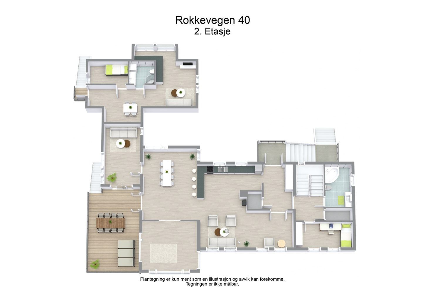 Møblert plantegning av andre etasje, som inkluderer både hoveddel og innredet loft over garasje.
