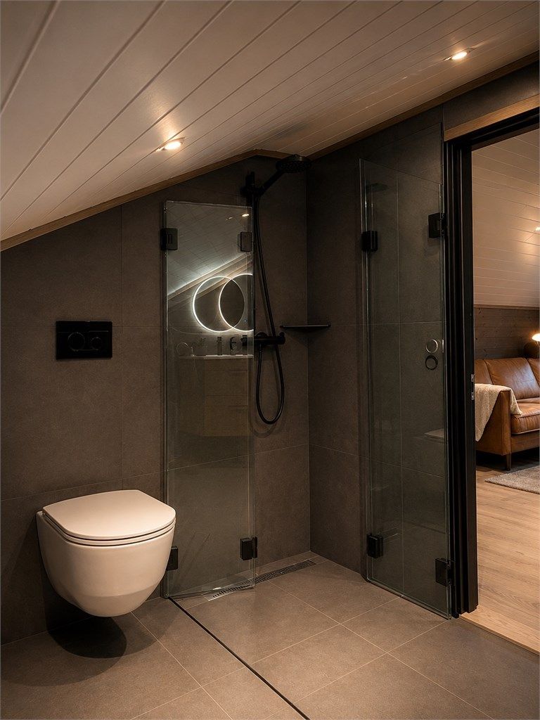 Badet har store, moderne fliser og sorte detaljer 