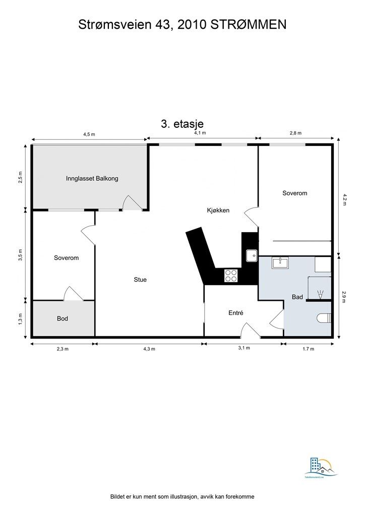 Leiligheten har en gjennomtenkt planløsning på 75 m² som inkluderer to soverom, en intern bod og heisadkomst.