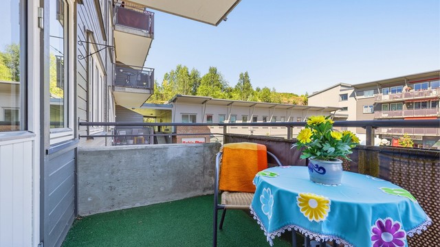 Fra balkongen er det utsyn til det gamle Prøysentorget på Mo, på sommerstid vil det være noe kveldssol på balkongen