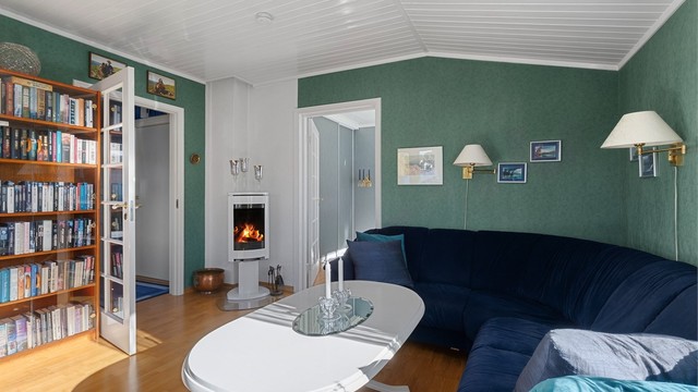 En moderne peisovn med glassdør fra 2016 gir lun varme til oppholdsrommet.