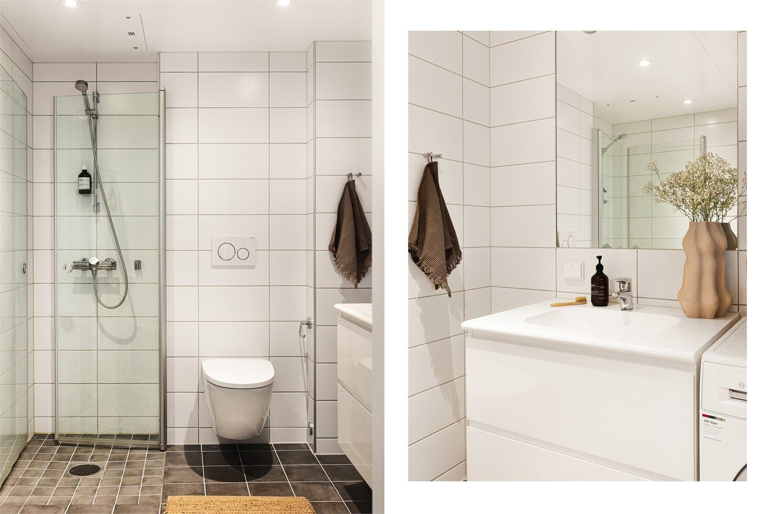 Innredningen består av vegghengt toalett, servant med skuffeseksjon og speil med belysning