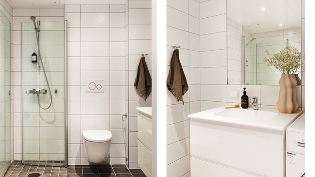 Innredningen består av vegghengt toalett, servant med skuffeseksjon og speil med belysning